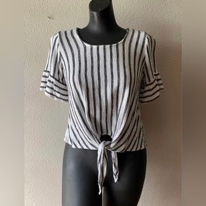 White with Black Stripes Medium Linen Style Blouse